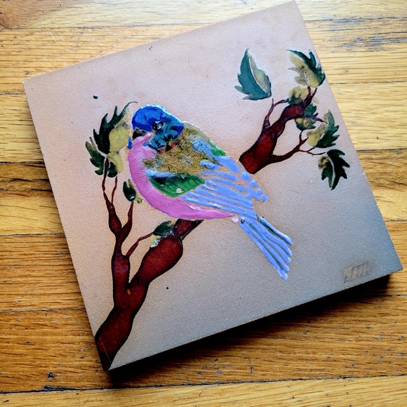 Vintage ceramic tile with hand painted folk art bird•Home decor tile